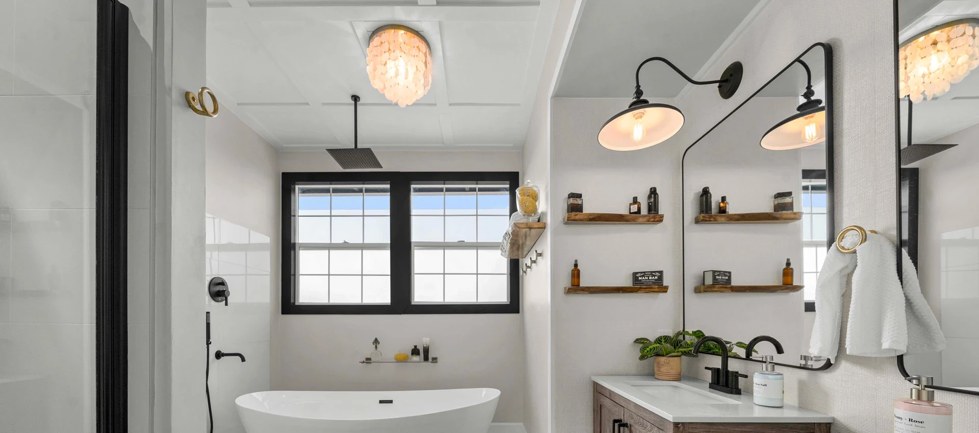 Modern bathroom vanity and freestanding bath